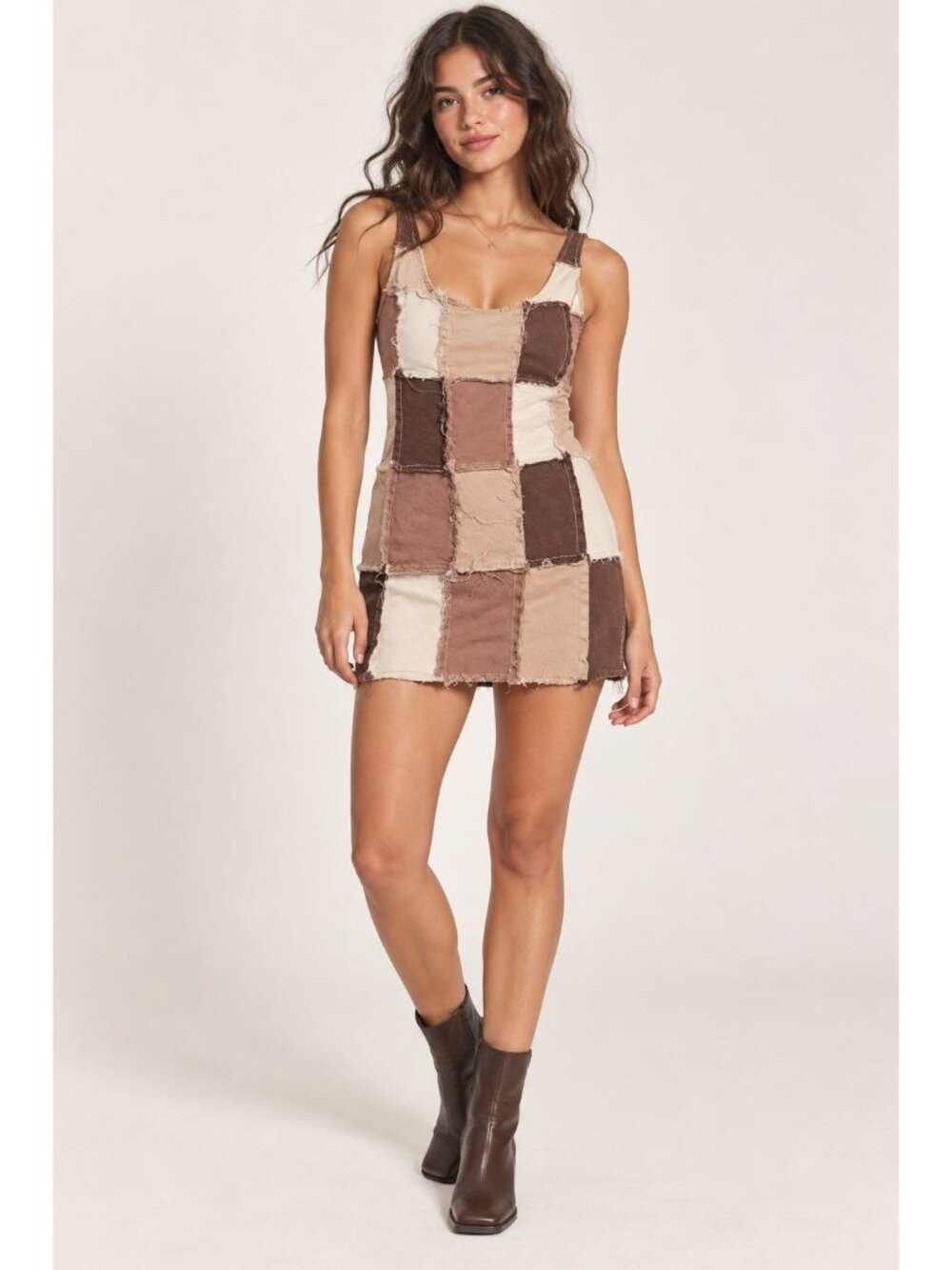 Current Mood patchwork mini dress , raw-edge paneled squares in a warm brown S